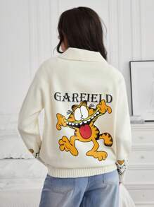 GARFIELD | SHEIN Áo len cardigan dệt kim in chữ và mèo giản dị cho nữ tay áo raglan cài nút - trắng - Xem 3