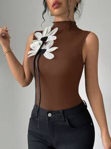 Elenzga 女士紧身性感 3D 网眼花卉丝带无袖背心 - 咖啡棕 - 查看 5