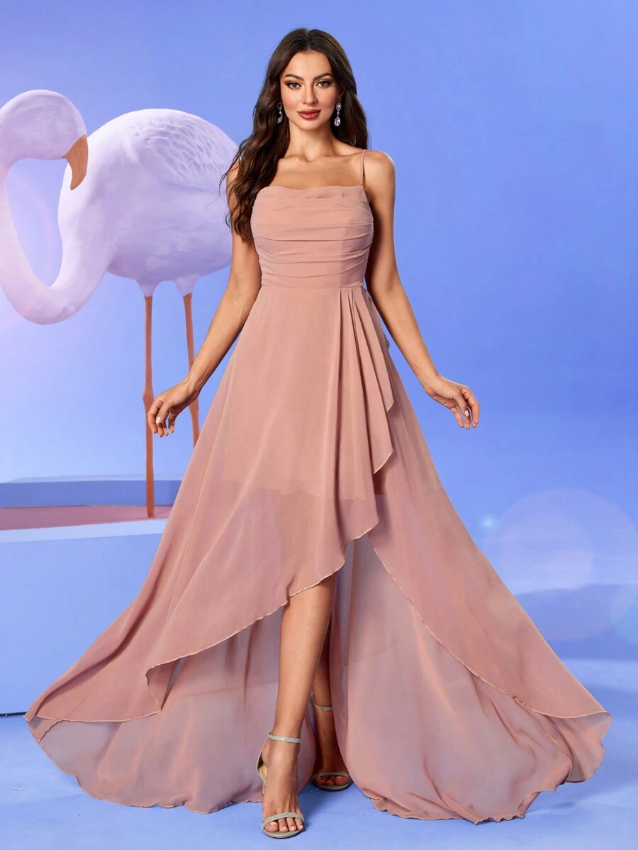 Elegantes Flatterkleid aus Chiffon mit Spaghettiträger, Kreuzrücken, geraffter Vorderseite und fließendem Rock, Brautjungfernkleid