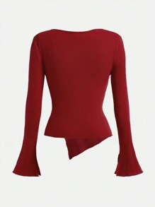 SHEIN Girlism Teen Girl's Red Crew Neck Long Sleeve Christmas Knit Sweater, Slim Fit Asymmetrical Slit Hem Base Layer Top, Suitable For Christmas, Thanksgiving, New Year