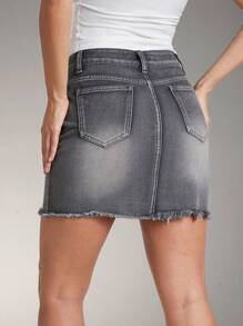 Denimoi Casual Premium Raw Fray Hem Mini Denim Skirt - Grey - View 5
