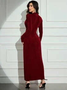 Modelyn 勃艮第红色女士 V 领长袖腰部水晶装饰闪光长款优雅连衣裙长款晚礼服 - 酒紅色 - 查看 3