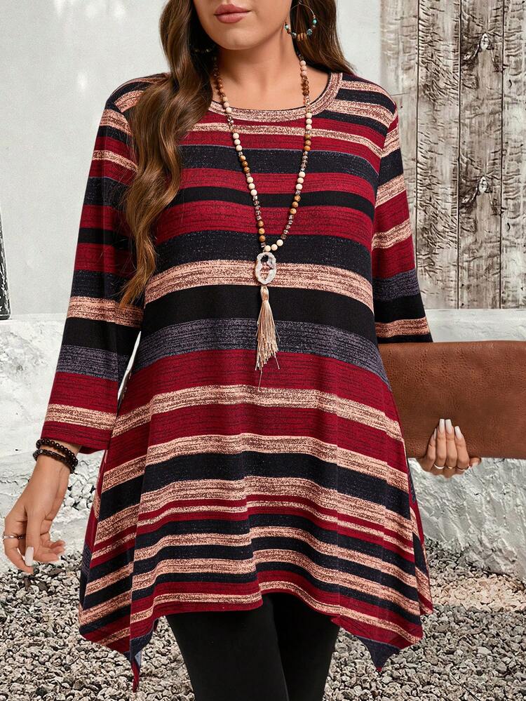 Plus Size Casual Striped Asymmetric Hem T-Shirt,Winter Women Clothes