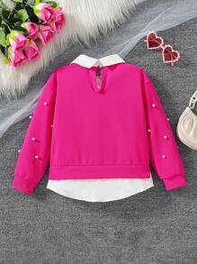 SHEIN Elladie kids 年轻女孩新款二合一设计宽松 Polo 领运动衫 - 玫紅色 - 查看 2