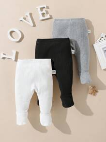 SHEIN 3 件装新生男童女童休闲可爱经典纯色松紧腰紧身裤，男女通用 - 黑與白 - 查看 1