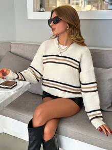 SHEIN Damski sweter w paski z okrągłym dekoltem i długimi rękawami, swobodny, jesień i zima