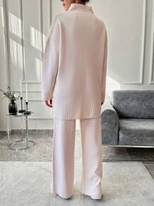 EURMUSE 2pcs/Set Women Casual Solid Stand Collar Drop Shoulder Loose Sweater And Ankle Length Pants, Autumn/Winter - Baby Pink - View 2