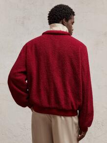 AKNOTIC Strickjacke für Herren mit Stehkragen, offenem Vorderteil, Dropped Shoulder, Langarm, kurz, locker, Fleece, geeignet für Herbst/Winter, Lässig und Party Anlässe, rot mit Sherpa-Stoff, Buchstaben Logo und Metalreißverschluss - Rot - Übersicht 8