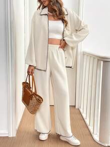 SHEIN Frenchy 2pcs Long Sleeve Top And Pants Set With Contrast Trim For Women Winter Casual - Apricot - View 6