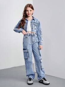 Ensemble veste en jean délavé bleu déchiré + pantalon en jean pour filles
