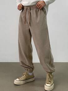 DAZY Pantalon décontracté à taille coulissante avec poches, coupe fuselée, couleur unie. Pantalons de jogging pour hommes, automne - Kaki - Voir 6