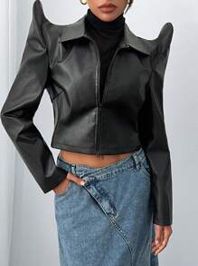 SHEIN SXY Casual Asymmetric Sleeve Short PU Jacket For Women, Sexy Style, Autumn/Winter