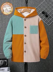 Tween Boy Casual Corduroy Color Block Hoodie Jack, Warme Thermische Voering, Geschikt Voor Herfst, Lente En Winter, Ideaal Voor Buitenspelen, School, Straat, Feest En Vrije Tijd, Hoge Prijs-Kwaliteit