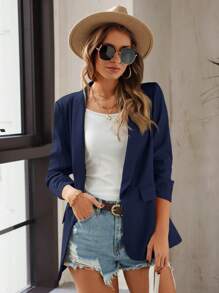 SHEIN LUNE Women's Casual Solid Color Draped Collar Ruched Sleeve Blazer For Autumn - Navy Blue - View 6