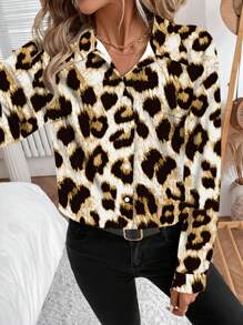 SHEIN LUNE Lässiges leopardengemustertes Große Größen-Damen-Langarmhemd mit Hemdkragen und Knopfleiste, geeignet für Herbst und Winter