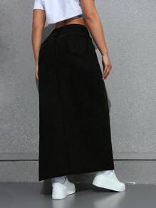 SHEIN EZwear 女士性感纯色高开叉长款牛仔裙 - 黑色 - 查看 2