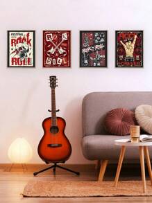 4 件装朋克音乐彩色海报，上面刻有摇滚乐永恒的骷髅和吉他，带有摇滚手势骷髅字样，垃圾摇滚风格帆布墙面艺术印刷品音乐室装饰卧室墙壁装饰，秋季装饰家居圣诞节节日礼物 - 彩色 - 查看 8