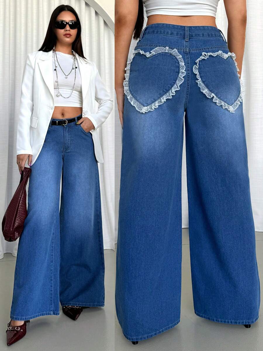 SHEIN Essnce Women Casual Heart Lace Trim Distressed Wide Leg Jeans - Blue - View 1