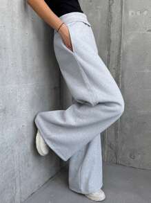 Aloruh Women Solid Color Elastic Waist Pocket Casual Loose Sweatpants - Grey - View 3