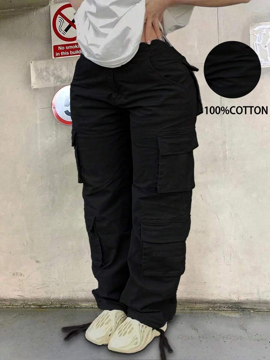 Pantalones cargo rectos, sueltos y casuales de un solo color con múltiples bolsillos para mujer de talla grande - Negro - Ver 1