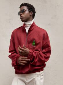 AKNOTIC Party Christmas Men's Knitted Loose Fit Crew Neck Christmas Tree Print Pullover Sweatshirt, Red With Metallic Zipper, Ribbed Cuffs And Hem, Suitable For Christmas, New Year, Daily Wear, Autumn/Winter - Burgundy - View 6