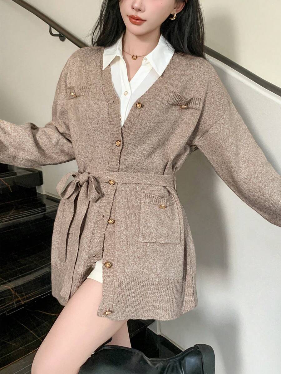 DAZY 1 Áo khoác cardigan dáng rộng cổ chữ V bằng vải voan họa tiết hoa dài tay, thắt eo, thời trang thu đông cho nữ - Màu Khaki - Xem 1