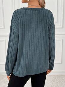 SHEIN Maternity V-Neck Ribbed Casual Long Sleeve T-Shirt - Dusty Blue - View 2