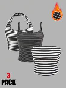 SHEIN EZwear 女式多色针织短款背心 - 黑與白 - 查看 1