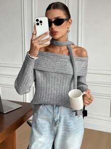SHEIN Frenchy Áo len trễ vai rộng rãi thanh lịch thường ngày cho nữ - Xám - Xem 5