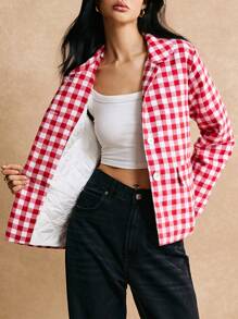 Poéselle 女士长袖仿口袋格子棉服外套，休闲日常穿着，冬季女装，红色和白色，轻松时尚必备 - 紅白色 - 查看 2