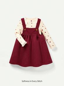 Cozy Pixies 2pcs Baby Girls' Heart Pattern Crew Neck Long Sleeve Top And Bib Skirt Set - Red - View 1