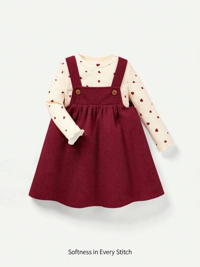 Cozy Pixies 2pcs Baby Girls' Heart Pattern Crew Neck Long Sleeve Top And Bib Skirt Set