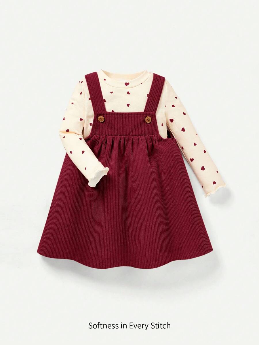 Cozy Pixies 2pcs Baby Girls' Heart Pattern Crew Neck Long Sleeve Top And Bib Skirt Set - Red - View 1