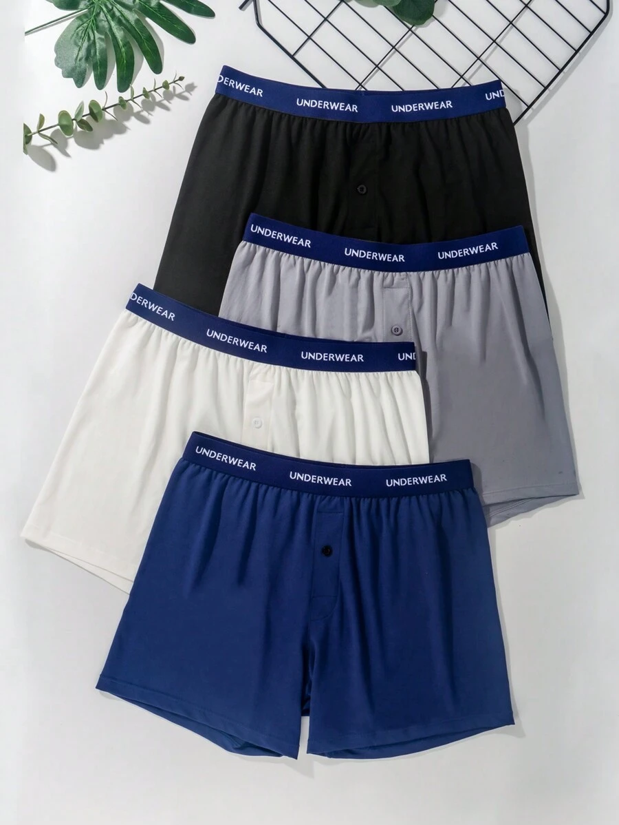 SHEIN 4pcs Pack Solid Color Men Letter Waistband Lounge Pants - Multicolor - View 1