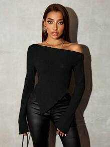 SHEIN SXY Grunge不对称颈部罗纹针织T恤，秋季女式外出上衣