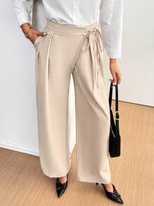 SHEIN Frenchy Women Simple Solid Color Elegant Tie-Front Fold Pleated Pocket Wide Leg Pants Winter Brown - Khaki - View 6