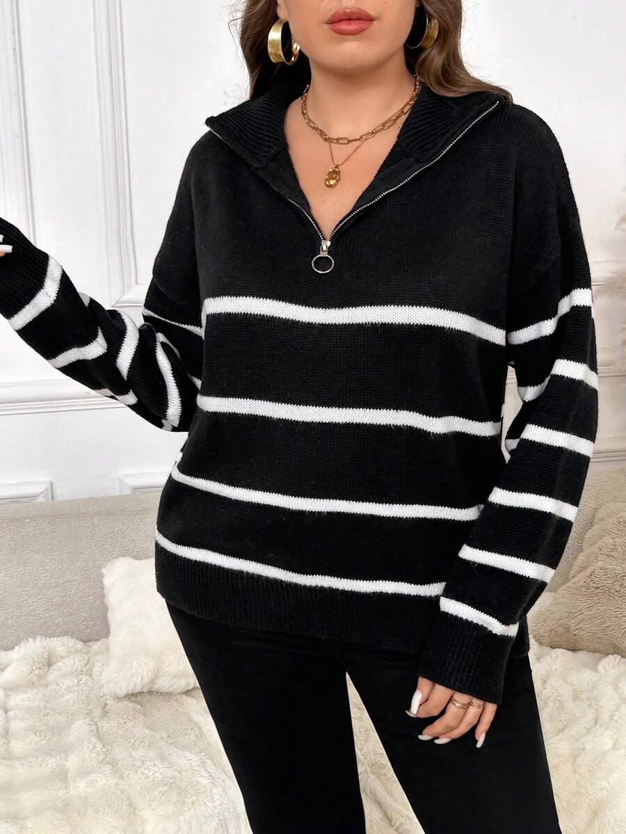 SHEIN Frenchy 大码女式条纹拉链休闲套头毛衣 - 黑色 - 查看 1