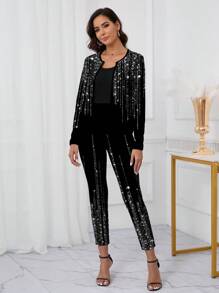 SHEIN Clasi 2 件套女士休闲简约仿珍珠印花长袖上衣和裤子套装，适合秋季 - 彩色 - 查看 8