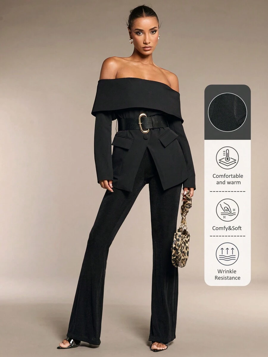 SHEIN BAE Women's Fashionable Off-The-Shoulder Blazer Belt Included Off Shoulder Winter Women Coat Business Women Clothes Winter Women Clothes Professional Tops Winter Women Outfits Women Blazers - Black - View 1