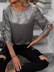 SHEIN Clasi Ruffle Sleeve Shiny Material Casual/Office Blouse - Silver - View 3