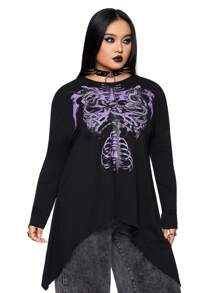 ROMWE Goth Plus Size Dark Skull & Skeleton Graphic Batwing Sleeve T-Shirt - Black - View 4