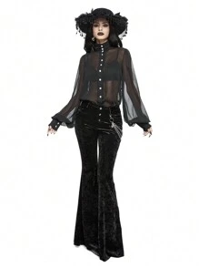 ROMWE Áo cánh voan mỏng bán trong suốt tay đèn lồng phong cách cung điện Gothic dành cho nữ, có lớp lót bên trong & áo bikini bằng vải satin - màu đen - Xem 2