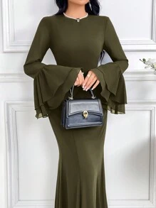 Modelyn 1 件女士优雅纯色喇叭袖连衣裙，秋季长款晚礼服 - 軍綠色 - 查看 6