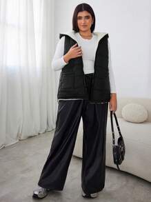 SHEIN EZwear Plus Size Women's Black Fuzzy Sleeveless Vest Jacket - Black and White - View 3