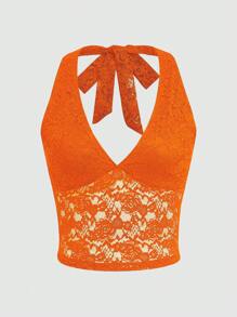 INAWLY 女士纯色蕾丝拼布吊带露背背心 - 橘色 - 查看 1