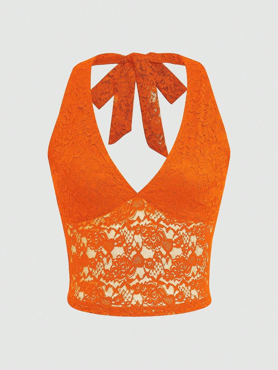 INAWLY 女士纯色蕾丝拼布吊带露背背心 - 橘色 - 查看 1