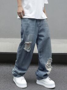 Manfinity EMRG Men's Loose Fit Casual Denim Jeans With Pockets And Wide-Leg Design - Medium Wash - View 1