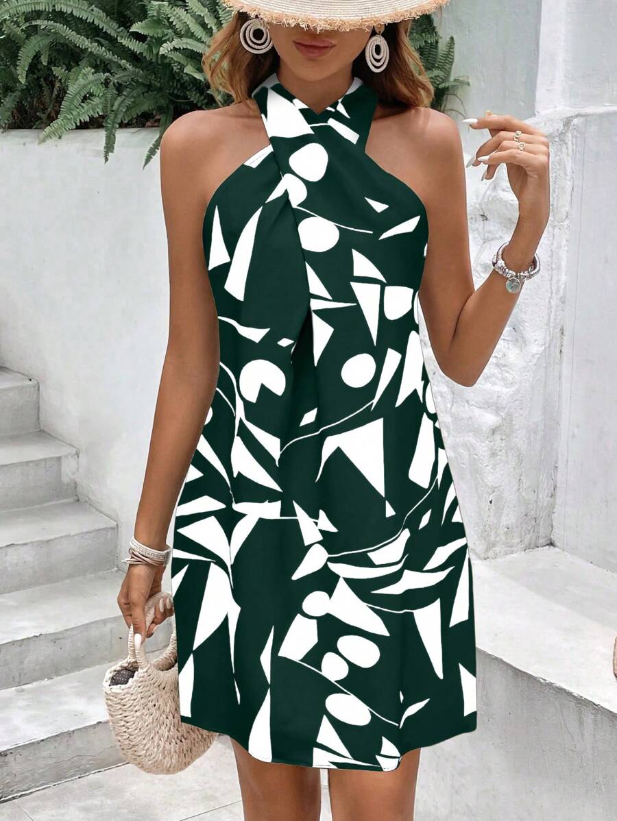 SHEIN Unity 女式夏季休闲全印花挂脖式度假连衣裙 - 墨綠色 - 查看 1