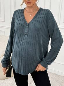 SHEIN Maternity V-Neck Ribbed Casual Long Sleeve T-Shirt - Dusty Blue - View 4