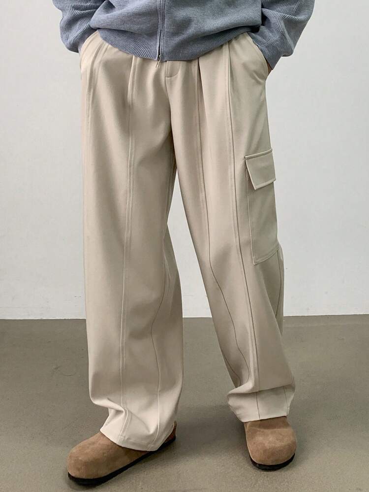 Casual Versatile Solid Color Multi Pocket Loose Straight Leg Pants For Men, Autumn Men Joggers